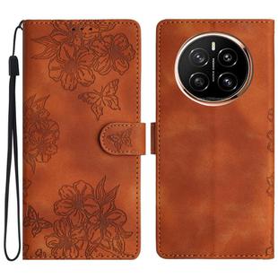 For Honor Magic7 Cherry Blossom Butterfly Skin Feel Embossed PU Phone Case(Brown)