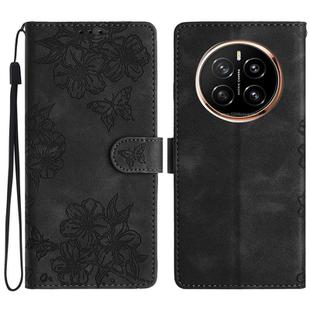 For Honor Magic7 Cherry Blossom Butterfly Skin Feel Embossed PU Phone Case(Black)