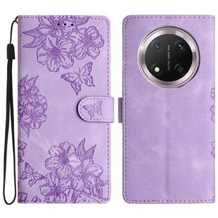 For Honor X9c Cherry Blossom Butterfly Skin Feel Embossed PU Phone Case(Purple)
