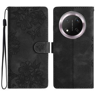For Honor X9c Cherry Blossom Butterfly Skin Feel Embossed PU Phone Case(Black)