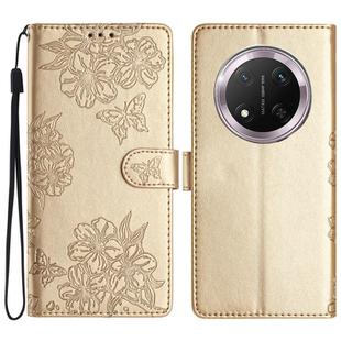 For Honor X9c Cherry Blossom Butterfly Skin Feel Embossed PU Phone Case(Gold)