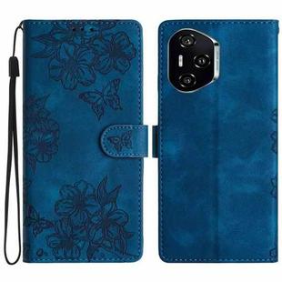 For Honor 400 Pro Global 160.8mm Cherry Blossom Butterfly Skin Feel Embossed PU Phone Case(Blue)