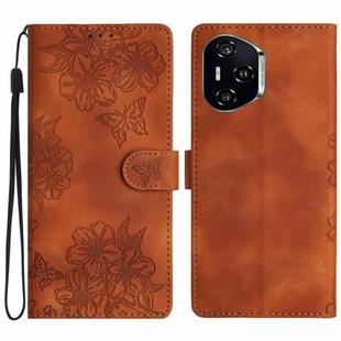 For Honor 400 Pro Global 160.8mm Cherry Blossom Butterfly Skin Feel Embossed PU Phone Case(Brown)