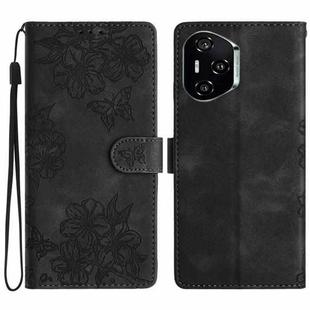 For Honor 400 Pro Global 160.8mm Cherry Blossom Butterfly Skin Feel Embossed PU Phone Case(Black)