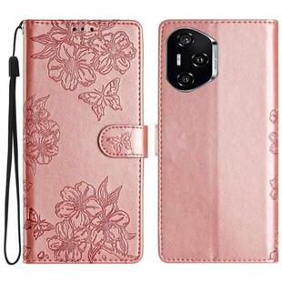 For Honor 400 Pro Global 160.8mm Cherry Blossom Butterfly Skin Feel Embossed PU Phone Case(Rose Gold)
