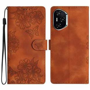 For Honor 400 Global 156.5mm Cherry Blossom Butterfly Skin Feel Embossed PU Phone Case(Brown)