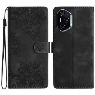 For Honor 400 Global 156.5mm Cherry Blossom Butterfly Skin Feel Embossed PU Phone Case(Black)