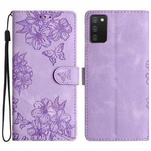 For Samsung Galaxy A02s EU Version Cherry Blossom Butterfly Skin Feel Embossed PU Phone Case(Purple)