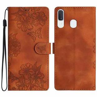 For Samsung Galaxy A20 / A30 Cherry Blossom Butterfly Skin Feel Embossed PU Phone Case(Brown)
