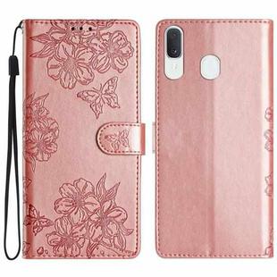 For Samsung Galaxy A20 / A30 Cherry Blossom Butterfly Skin Feel Embossed PU Phone Case(Rose Gold)