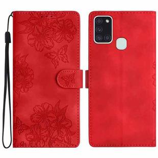 For Samsung Galaxy A20s Cherry Blossom Butterfly Skin Feel Embossed PU Phone Case(Red)