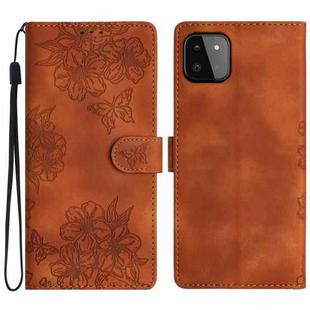 For Samsung Galaxy A22 5G Cherry Blossom Butterfly Skin Feel Embossed PU Phone Case(Brown)