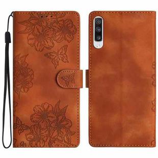 For Samsung Galaxy A70 Cherry Blossom Butterfly Skin Feel Embossed PU Phone Case(Brown)