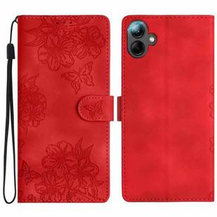 For Samsung Galaxy A05 4G Cherry Blossom Butterfly Skin Feel Embossed PU Phone Case(Red)