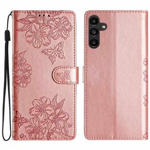 For Samsung Galaxy A55 5G Cherry Blossom Butterfly Skin Feel Embossed PU Phone Case(Rose Gold)