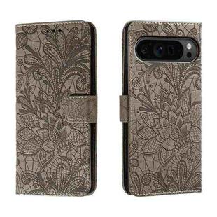 For Google Pixel 9 Pro Lace Flower Embossing Flip Leather Phone Case(Grey)