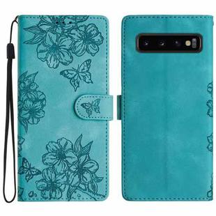For Samsung Galaxy S10+ Cherry Blossom Butterfly Skin Feel Embossed PU Phone Case(Green)