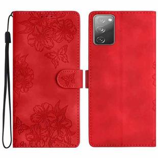 For Samsung Galaxy S20 FE Cherry Blossom Butterfly Skin Feel Embossed PU Phone Case(Red)