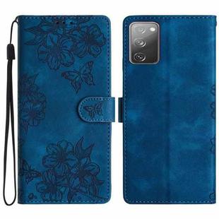 For Samsung Galaxy S20 FE Cherry Blossom Butterfly Skin Feel Embossed PU Phone Case(Blue)