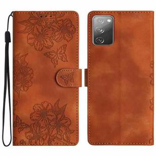 For Samsung Galaxy S20 FE Cherry Blossom Butterfly Skin Feel Embossed PU Phone Case(Brown)