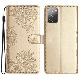 For Samsung Galaxy S20 FE Cherry Blossom Butterfly Skin Feel Embossed PU Phone Case(Gold)