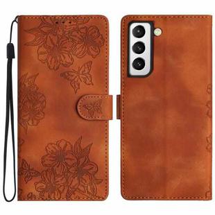 For Samsung Galaxy S21 FE 5G Cherry Blossom Butterfly Skin Feel Embossed PU Phone Case(Brown)