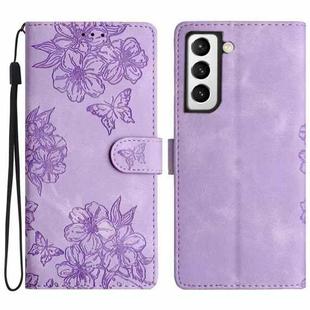 For Samsung Galaxy S21+ 5G Cherry Blossom Butterfly Skin Feel Embossed PU Phone Case(Purple)