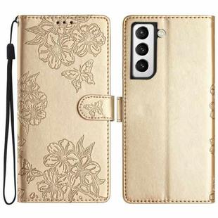 For Samsung Galaxy S21+ 5G Cherry Blossom Butterfly Skin Feel Embossed PU Phone Case(Gold)