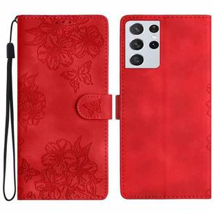 For Samsung Galaxy S21 Ultra 5G Cherry Blossom Butterfly Skin Feel Embossed PU Phone Case(Red)