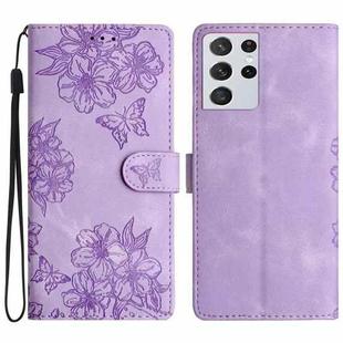 For Samsung Galaxy S21 Ultra 5G Cherry Blossom Butterfly Skin Feel Embossed PU Phone Case(Purple)