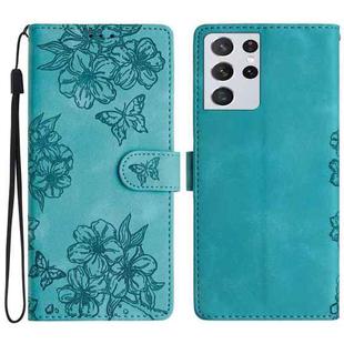 For Samsung Galaxy S21 Ultra 5G Cherry Blossom Butterfly Skin Feel Embossed PU Phone Case(Green)