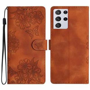 For Samsung Galaxy S21 Ultra 5G Cherry Blossom Butterfly Skin Feel Embossed PU Phone Case(Brown)