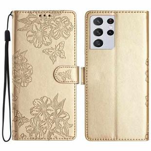 For Samsung Galaxy S21 Ultra 5G Cherry Blossom Butterfly Skin Feel Embossed PU Phone Case(Gold)