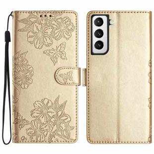 For Samsung Galaxy S22+ 5G Cherry Blossom Butterfly Skin Feel Embossed PU Phone Case(Gold)