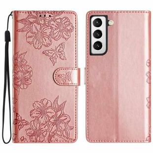 For Samsung Galaxy S22+ 5G Cherry Blossom Butterfly Skin Feel Embossed PU Phone Case(Rose Gold)