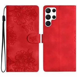 For Samsung Galaxy S22 Ultra 5G Cherry Blossom Butterfly Skin Feel Embossed PU Phone Case(Red)