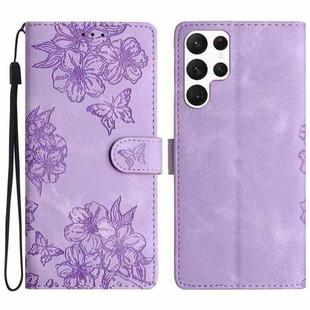 For Samsung Galaxy S22 Ultra 5G Cherry Blossom Butterfly Skin Feel Embossed PU Phone Case(Purple)