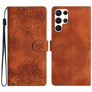 For Samsung Galaxy S22 Ultra 5G Cherry Blossom Butterfly Skin Feel Embossed PU Phone Case(Brown)