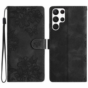 For Samsung Galaxy S22 Ultra 5G Cherry Blossom Butterfly Skin Feel Embossed PU Phone Case(Black)