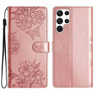 For Samsung Galaxy S22 Ultra 5G Cherry Blossom Butterfly Skin Feel Embossed PU Phone Case(Rose Gold)