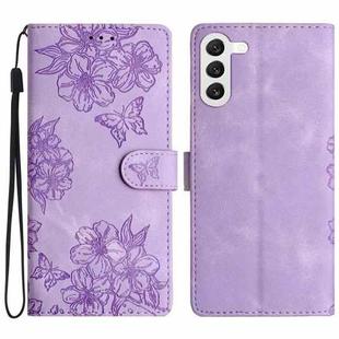 For Samsung Galaxy S23 5G Cherry Blossom Butterfly Skin Feel Embossed PU Phone Case(Purple)