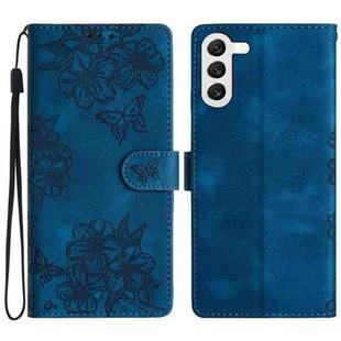 For Samsung Galaxy S23 5G Cherry Blossom Butterfly Skin Feel Embossed PU Phone Case(Blue)