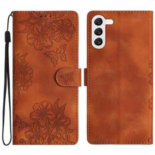 For Samsung Galaxy S23 5G Cherry Blossom Butterfly Skin Feel Embossed PU Phone Case(Brown)