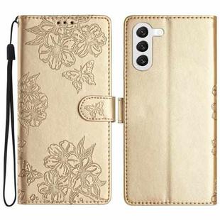 For Samsung Galaxy S23 5G Cherry Blossom Butterfly Skin Feel Embossed PU Phone Case(Gold)