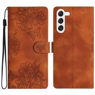 For Samsung Galaxy S23+ 5G Cherry Blossom Butterfly Skin Feel Embossed PU Phone Case(Brown)