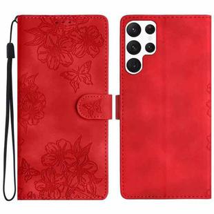 For Samsung Galaxy S23 Ultra 5G Cherry Blossom Butterfly Skin Feel Embossed PU Phone Case(Red)