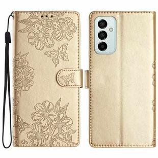 For Samsung Galaxy M23 Cherry Blossom Butterfly Skin Feel Embossed PU Phone Case(Gold)