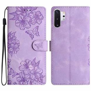 For Samsung Galaxy Note10+ Cherry Blossom Butterfly Skin Feel Embossed PU Phone Case(Purple)