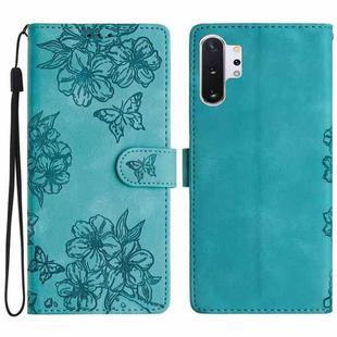 For Samsung Galaxy Note10+ Cherry Blossom Butterfly Skin Feel Embossed PU Phone Case(Green)