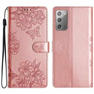 For Samsung Galaxy Note20 Cherry Blossom Butterfly Skin Feel Embossed PU Phone Case(Rose Gold)